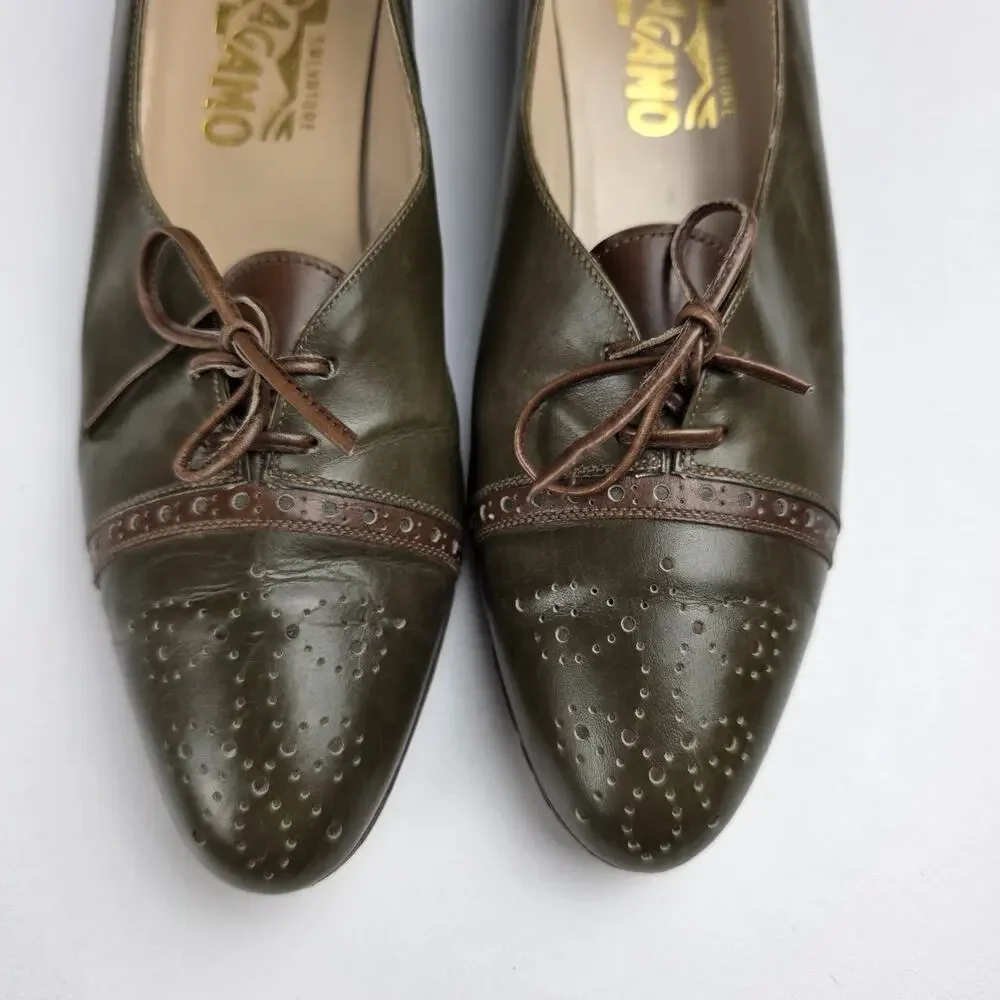 70's Salvatore Ferragamo Olive Green Leather Brogue Wingtip Lace-up Oxfords 7AA